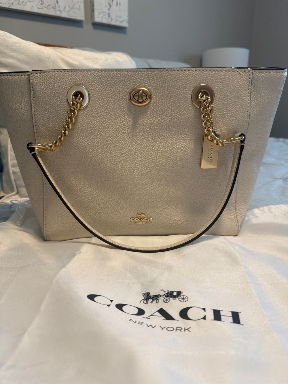 Coach Pebbled Leather Tote in Light Beige with Gold Hardware